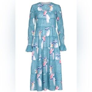 Borgo De Nor Teal Blue Long-Sleeve Tiered Dress with Bird Print